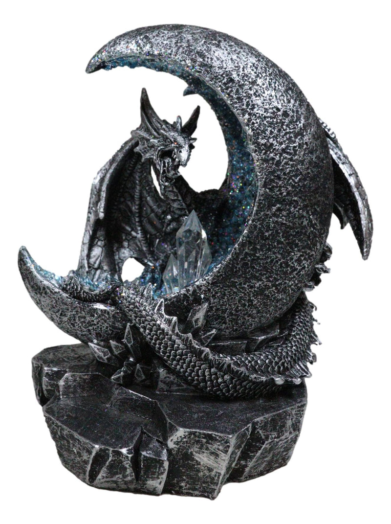 Gothic Dragon Guarding Crescent Moon with Faux Geode LED Crystals Figurine