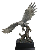 Electroplated Pewter Silver Bald Eagle With Open Wings Soaring Over Tree Statue