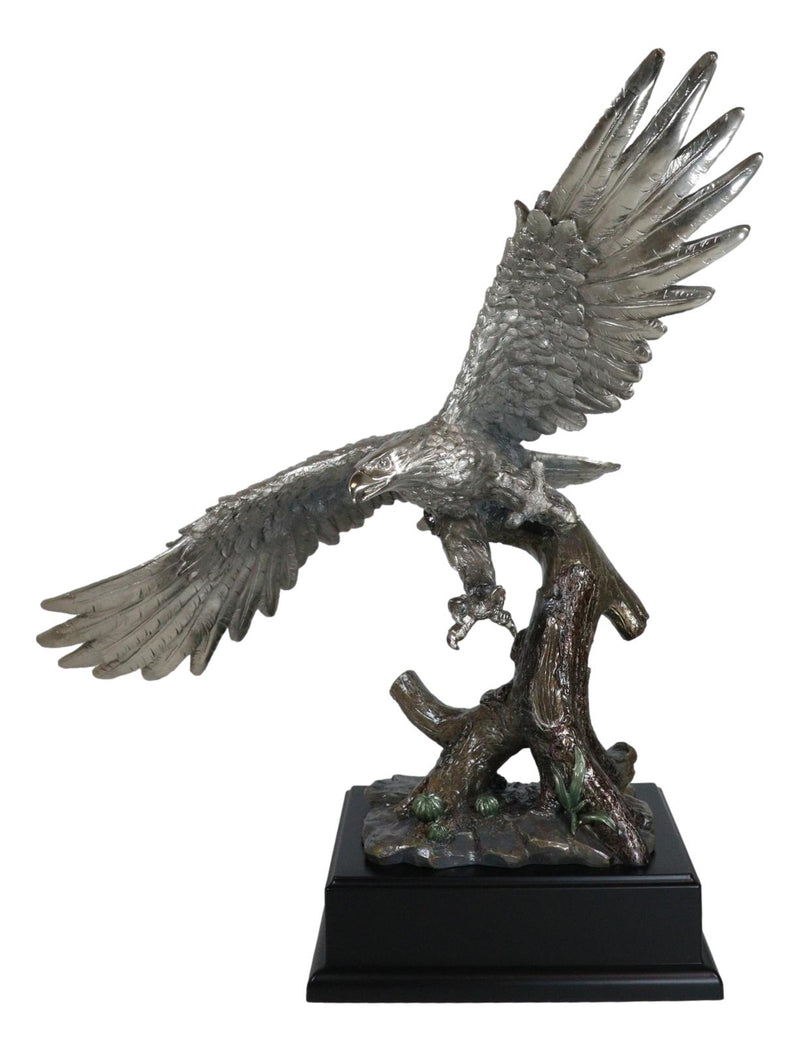 Electroplated Pewter Silver Bald Eagle With Open Wings Soaring Over Tree Statue