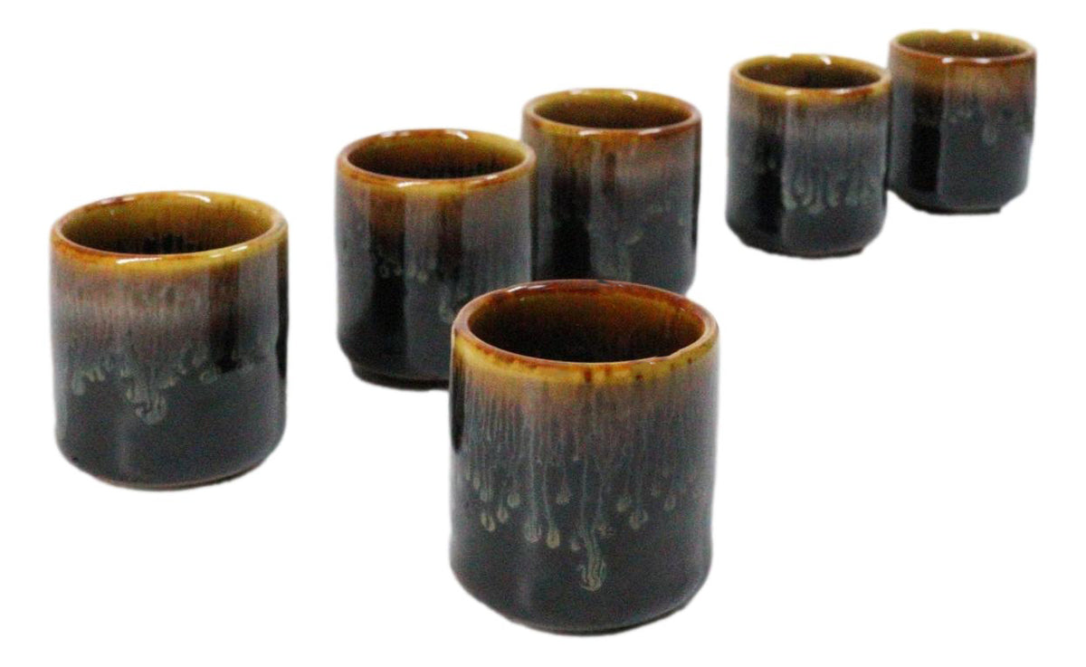 Set of 6 Brown Drip Glaze Porcelain 1.25oz Ochoko Yuzu Sake Cups Drinkware