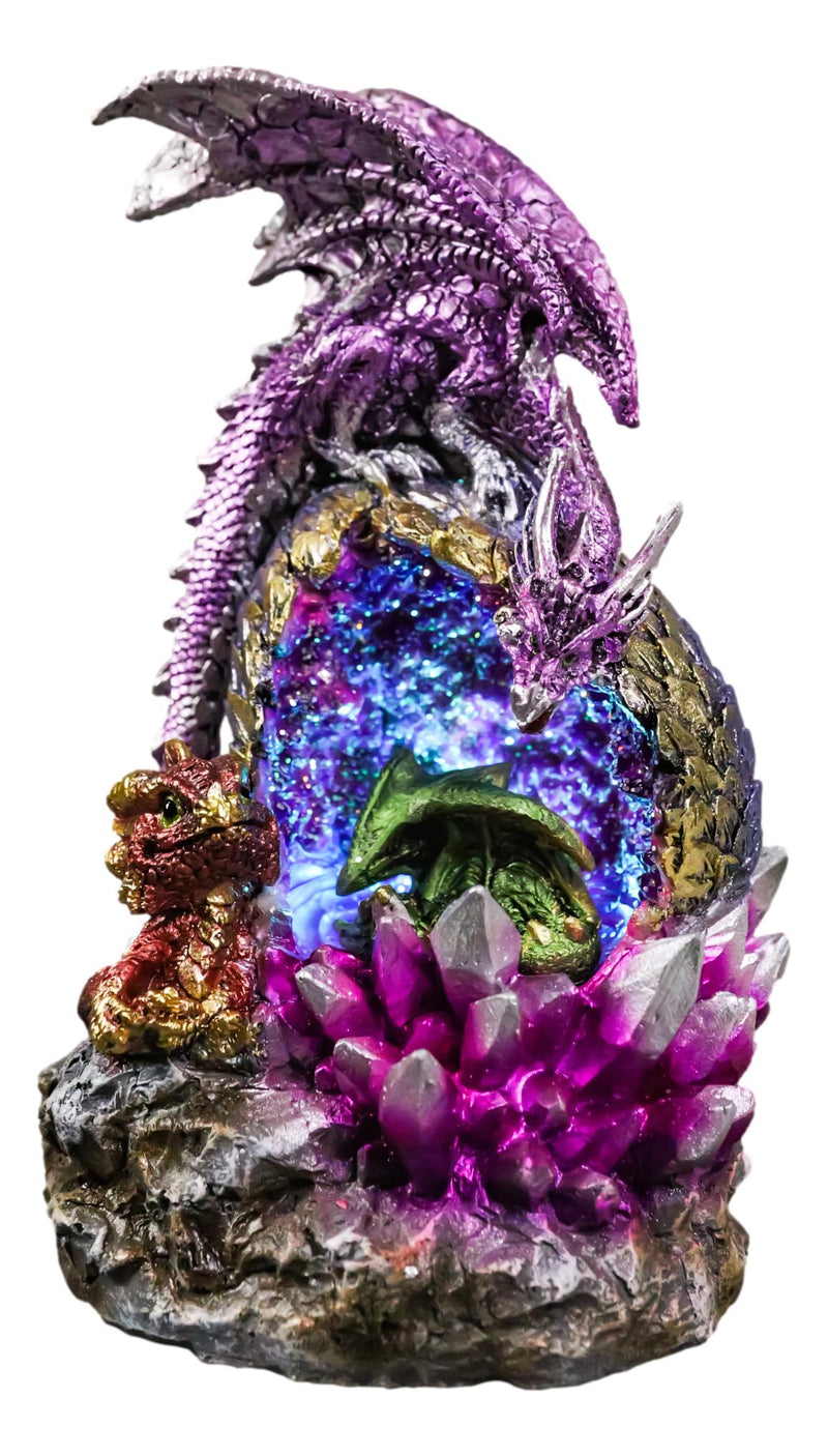 Purple Mother Dragon Guarding LED Faux Crystals Egg With Hatchlings Figurine