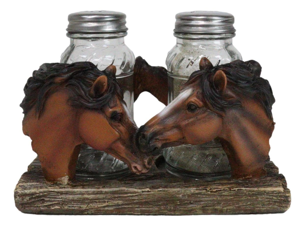 Western Wild At Heart Double Brown Chestnut Horses Salt Pepper Shakers Holder - Ebros Gift