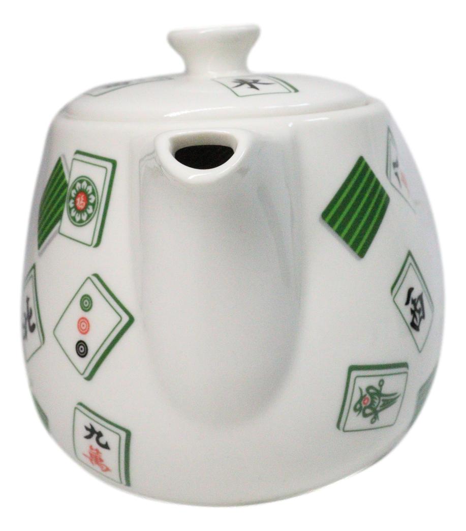 Green And White Iconic Chinese Mahjong Tiles Ceramic Tea Pot 15oz With Strainer