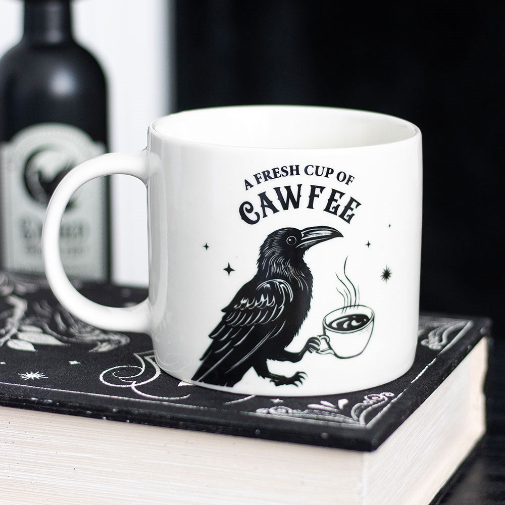 White Wicca Magic A Fresh Cup Of Caw Fee Raven Crow Porcelain Mug Cup 16oz