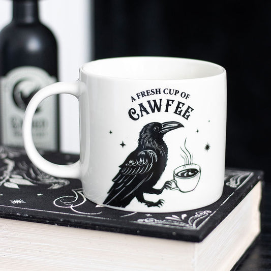 White Wicca Magic A Fresh Cup Of Caw Fee Raven Crow Porcelain Mug Cup 16oz