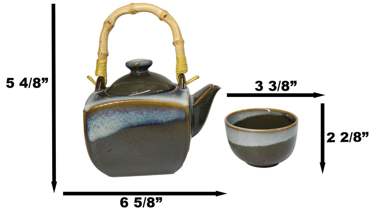 Olive Green White Sands Zen Fusion Reactive Glaze 32oz Teapot And 2 Tea Cups Set