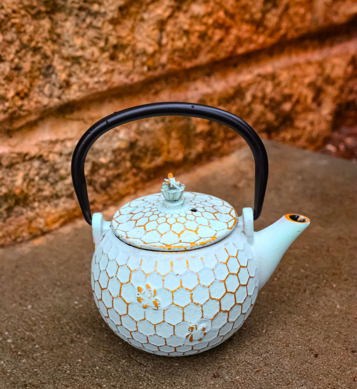 Mint Green Rustic Honeycomb With Bee Petite Cast Iron Teapot 10oz Tea Pot