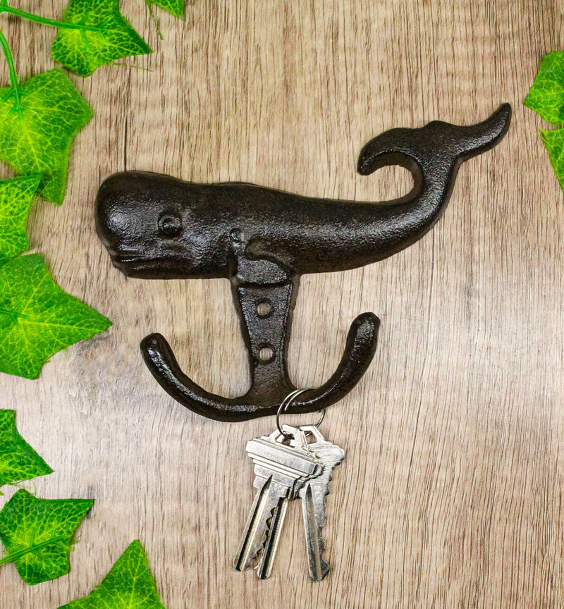 Set Of 4 Cast Iron Rustic Nautical Marine Sea Sperm Whale Double Wall Coat Hooks