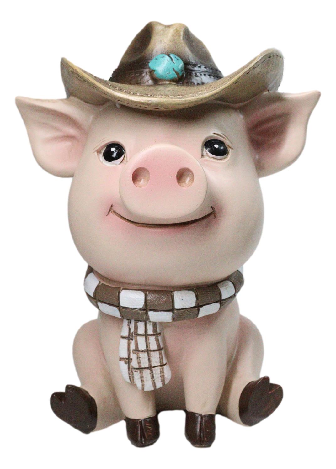 Rustic Western Comical Sitting Pig with Turquoise Cowboy Hat and Scarf Figurine