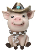 Rustic Western Comical Sitting Pig with Turquoise Cowboy Hat and Scarf Figurine