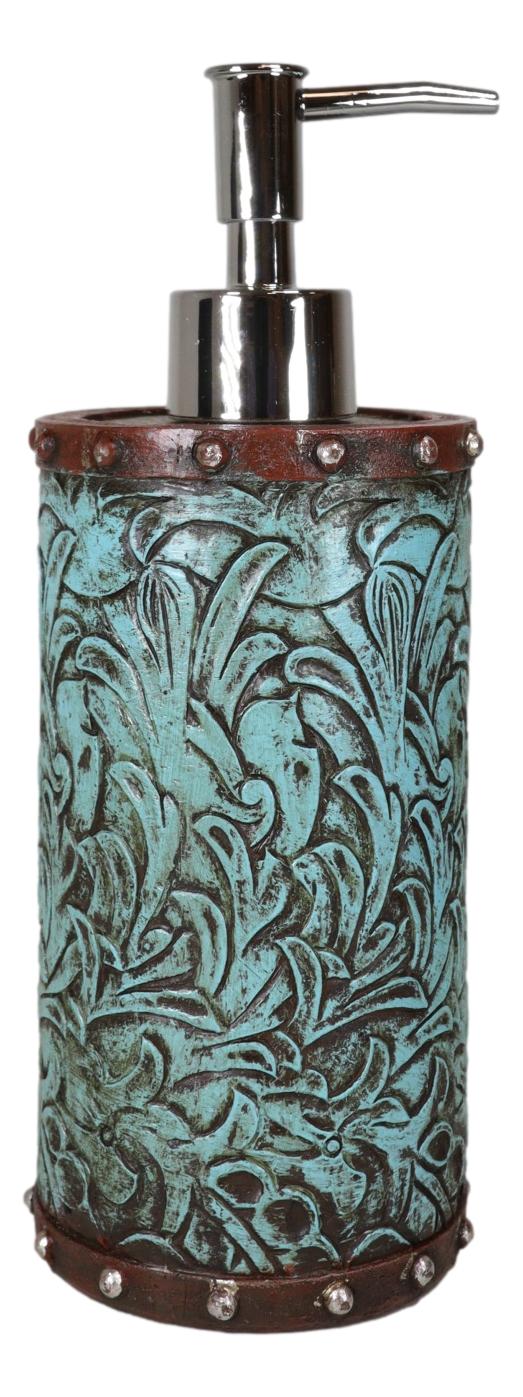 Rustic Western Turquoise Floral Tooled Art Countertop Liquid Soap Dispenser Pump