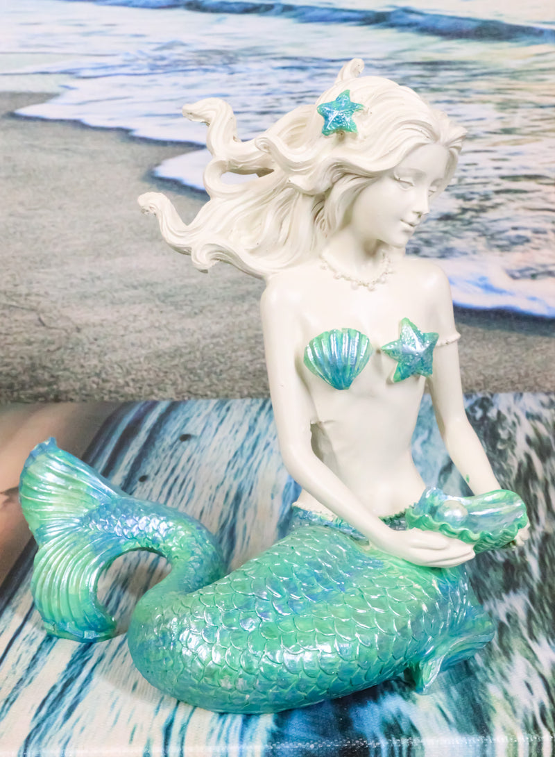 Nautical Aqua Capiz Blue Tailed Mermaid Holding Pearl In Clam Shell Figurine