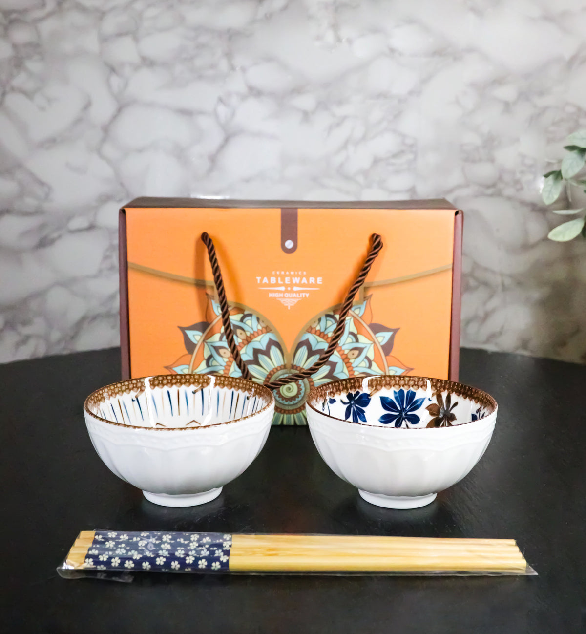 Ceramic Floral Arabesque Double Rice Bowl Gift Set with Chopsticks 10oz Bowls