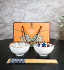 Ceramic Floral Arabesque Double Rice Bowl Gift Set with Chopsticks 10oz Bowls