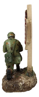 Military War Hero Soldier With Rifle By American Flag Cross Memorial Figurine