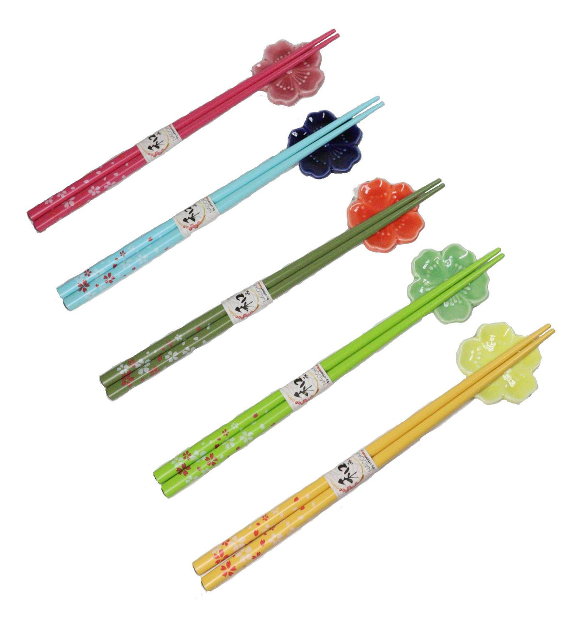5 Pairs Of Sakura Cherry Blossoms Ceramic Rests With Wooden Chopsticks Set