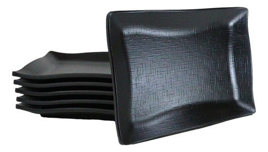 Pack Of 6 Black Silk Melamine Rectangular Wavy Sushi Dinner Buffet Plates 8.25”L