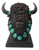 Rustic Western Buffalo Bust Figurine with Turquoise-Style Neck Ornaments & Horns