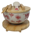 Red Ryu Dragon Design Donburi Ramen Bowl With Lid Trivet Spoon Chopsticks Set
