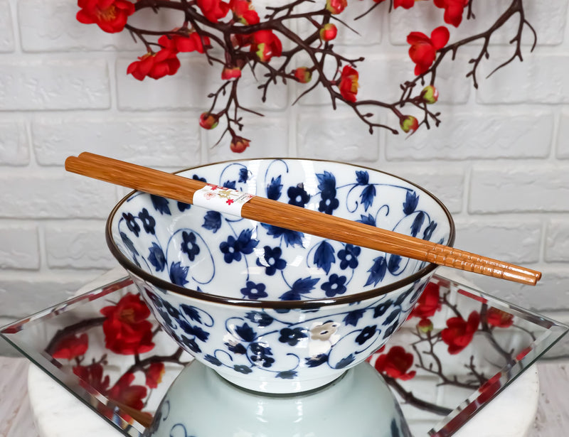 Ebros Japanese Vintage Floral Blue White Design Ceramic Bowl Set of 2 With Chopsticks
