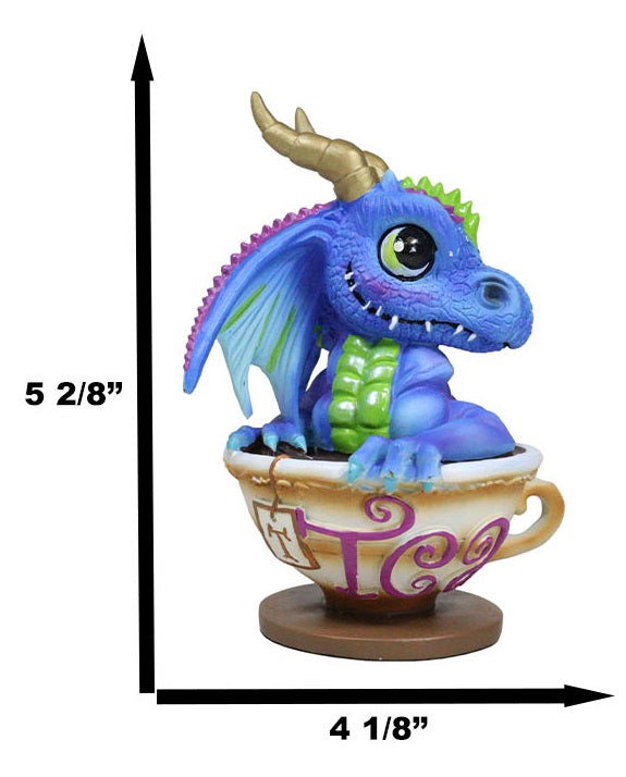 Whimsical Cup Of Tea Blue Baby Dragon With Green Spikes In Teacup Figurine