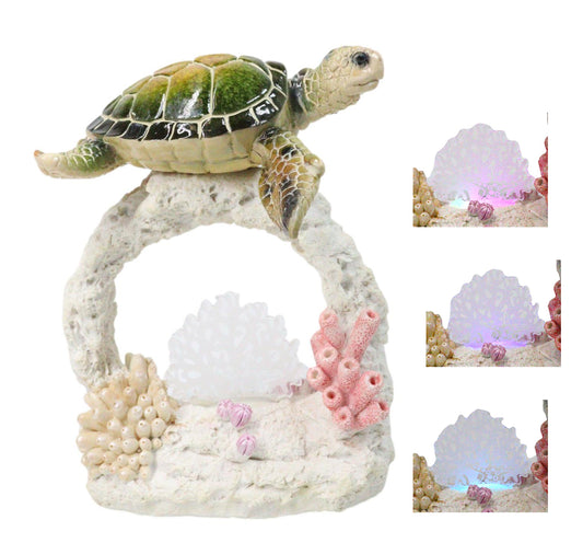 Marine Green Sea Turtle Swimming Over Coral Reef With Acrylic LED Light Figurine