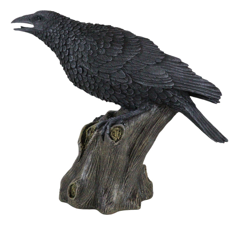 Ebros Large 14" Long Gothic Raven Crow Perching On Tree Stump Statue Figurine