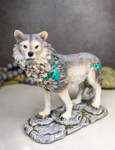 Gray Wolf with Turquoise Rocks Ornaments On The Prowl On Rocky Ground Figurine