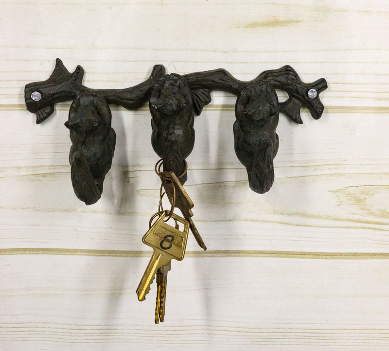 Rustic Country Cast Iron Squirrel On Tree Branch 4-Peg Wall Coat Hooks 13"L