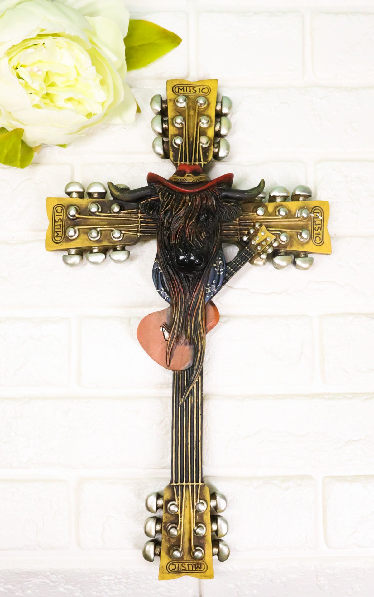 Western Rock And Roll Music Guitars With Cowboy Highland Cow Wall Cross Plaque