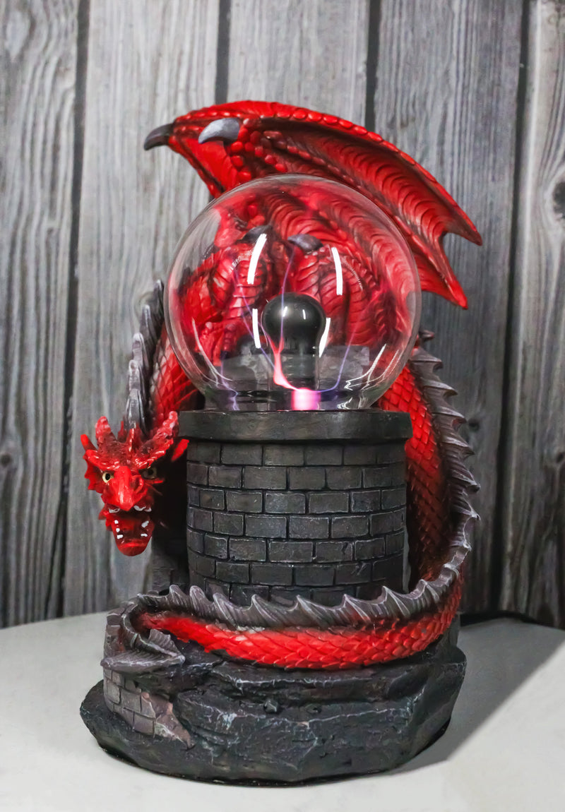 Large Dungeons Dragons Red Fire Dragon Guarding Castle Plasma Ball Lamp Statue