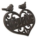 Cast Iron 2 Lovebirds Perching On Scrollwork Heart Welcome Sign Wall Plaque