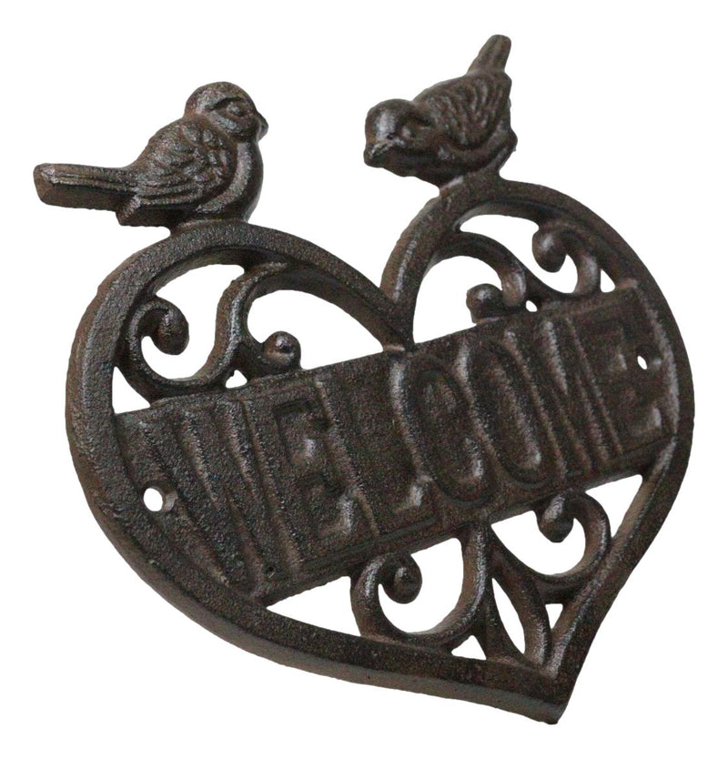 Cast Iron 2 Lovebirds Perching On Scrollwork Heart Welcome Sign Wall Plaque