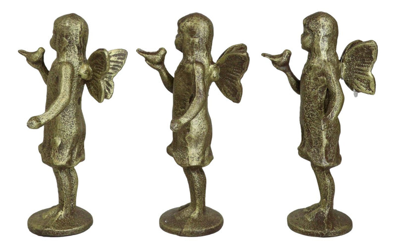 Set Of 3 Cast Iron Rustic Enchanted Fantasy Girl Fairy Pixie With Bird Figurines