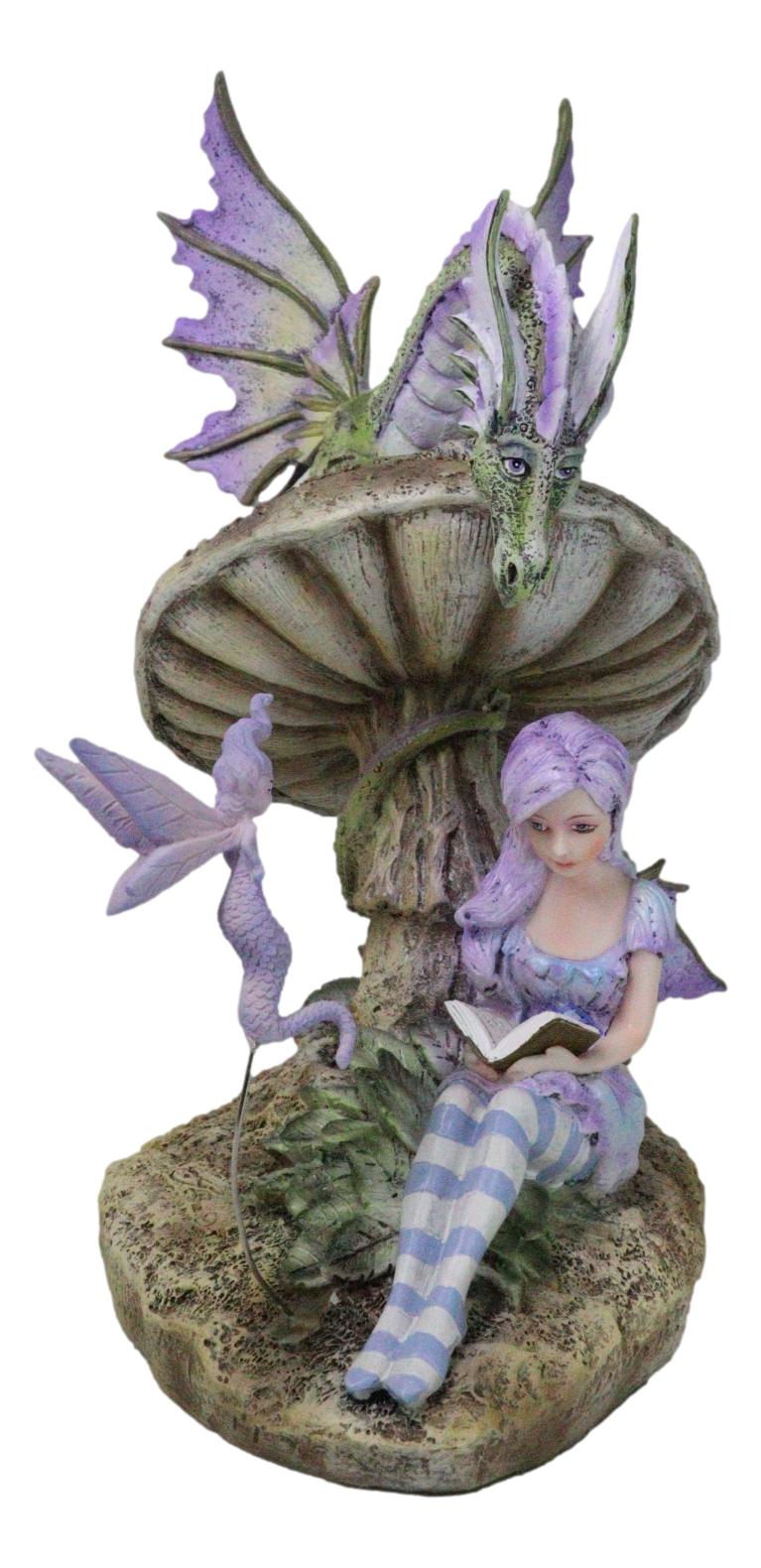 Amy Brown Bookworm Fairy With Pixie and Dragon By Toadstool Mushroom Figurine
