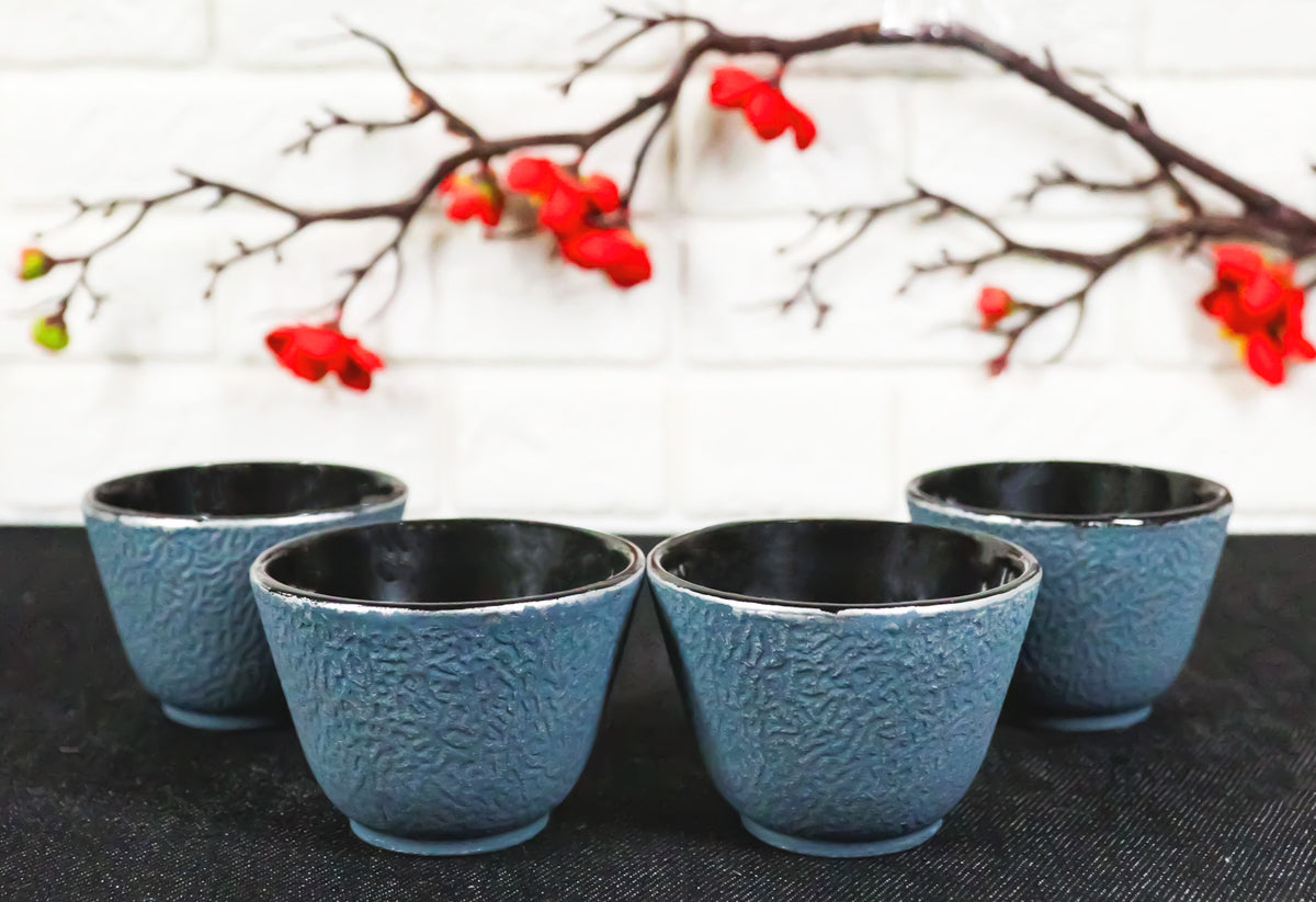 Pack Of 4 Teal Blue With Gold Cast Iron Tetsubin Textured Surface Tea Cups 3oz
