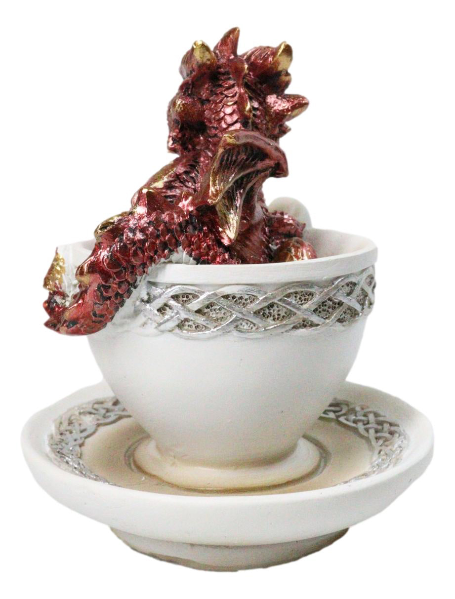 Red Metallic Baby Wyrmling Dragon Bathing In Tea Cup with Saucer Figurine