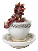 Red Metallic Baby Wyrmling Dragon Bathing In Tea Cup with Saucer Figurine