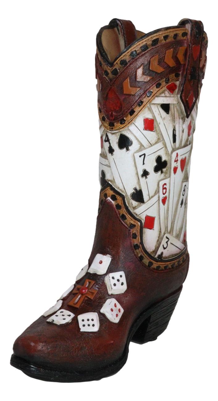 Rustic Western Gambler Casino Poker Cards Dice Cowboy Boot Vase Planter Figurine