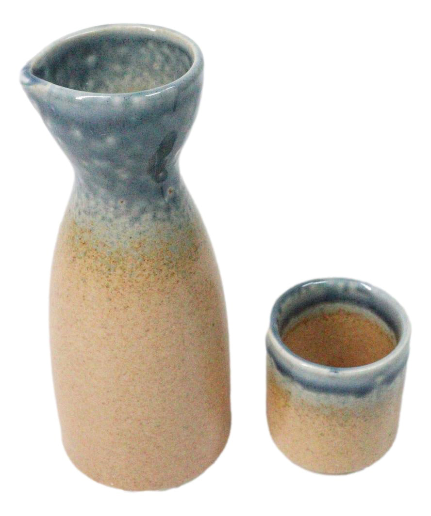 Porcelain Blue And Sand Ao Nagashi Japanese Wine Sake Flask With 2 Cups Set