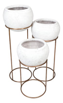 Set of 3 Modern 3 White Clay Vessel Planter Pots With Metal Wire Stands