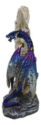 Blue Dragon With Baby Wyrmling Perching On Bone Skull Crescent Moon Figurine
