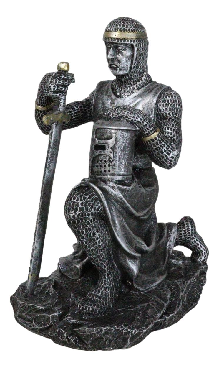 Kneeling Medieval Suit Of Armor Crusader Knight With Sword And Helmet Figurine