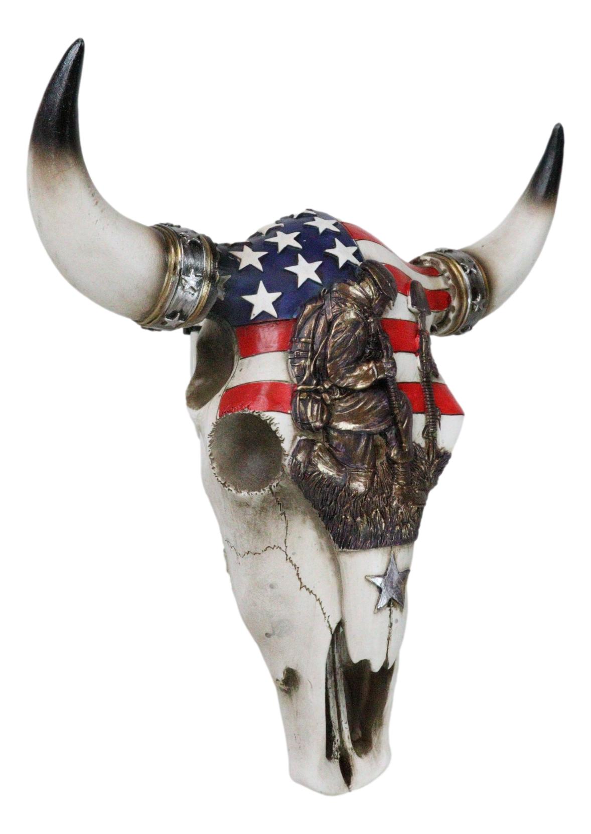 Western Patriotic USA Flag Helmet Rifle Soldier Memorial Cow Skull Wall Decor - Ebros Gift