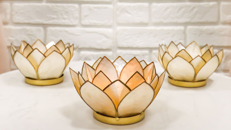 Pack Of 3 Seashells Lotus Flower Yellow Gold Votive Tea Light Candle Holders