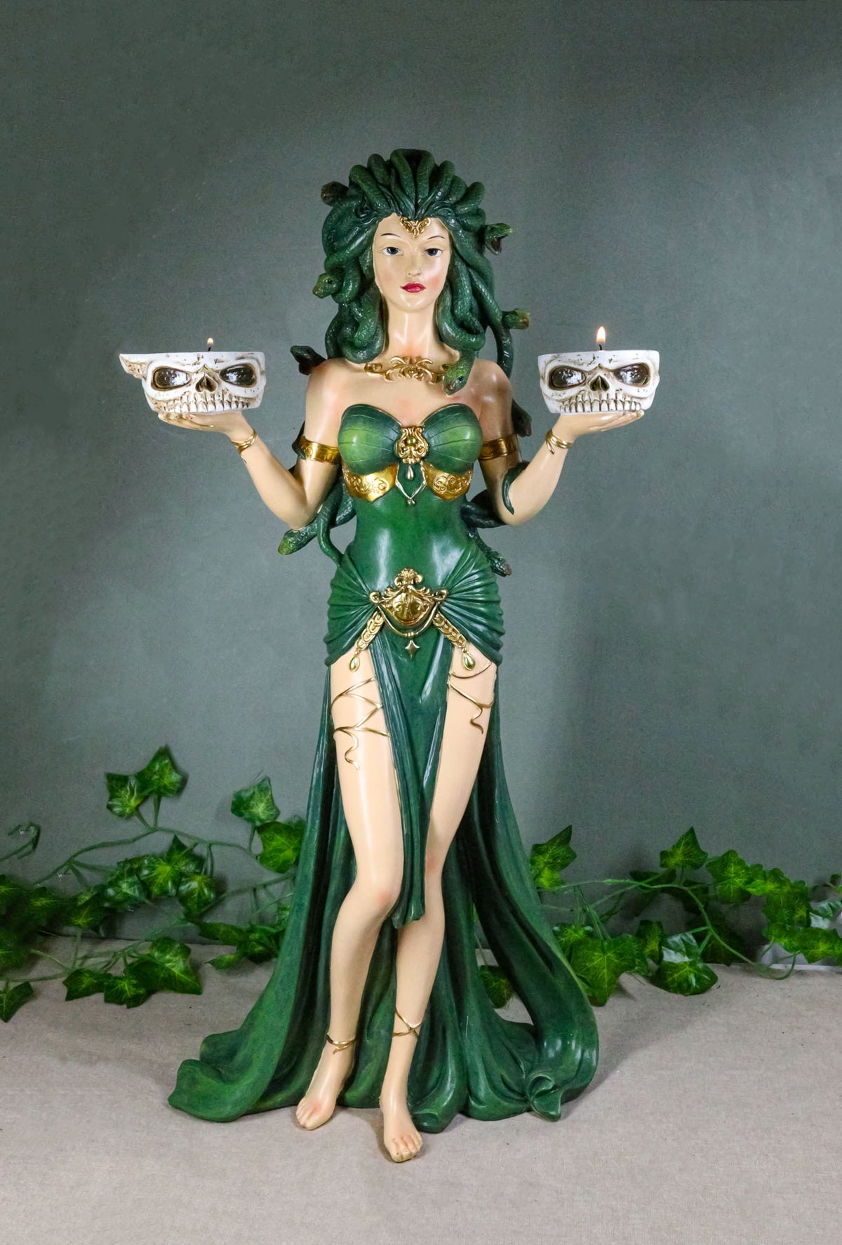 Large Greek Gorgon Goddess Medusa In Green Gown Dual Votive Candleholders Statue