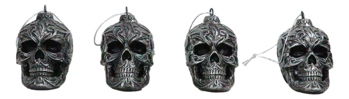 Set of 4 Day Of The Dead Faux Gunmetal Silver Tribal Tattoo Skull Tree Ornaments