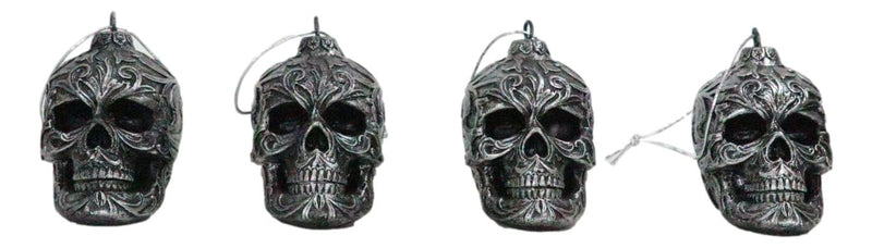 Set of 4 Day Of The Dead Faux Gunmetal Silver Tribal Tattoo Skull Tree Ornaments