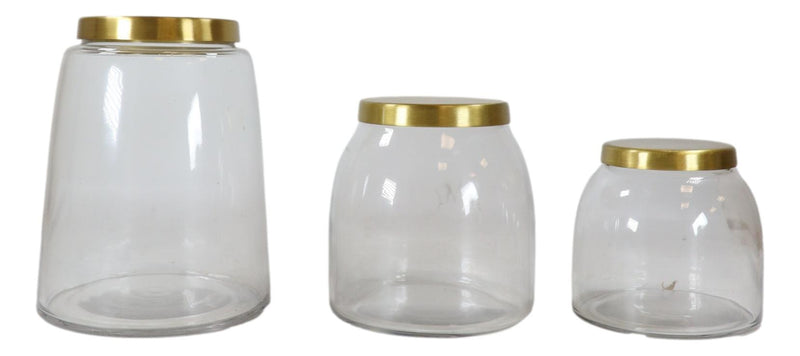 Set of 3 Clear Glass Canister Make Up Seashells Sand Storage Jars With Gold Lids
