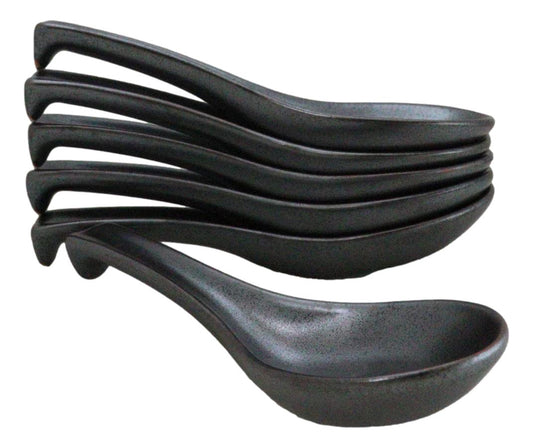 Pack of 6 Black Tetsu Kesho Ceramic Asian Soup Spoons With Hook Ends 5.75"L